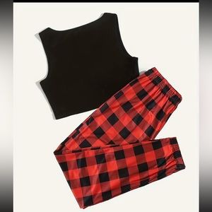 New! Plaid Print Pajama Set - Sleeveless Crew Neck Top & Elastic Waistband Pants
